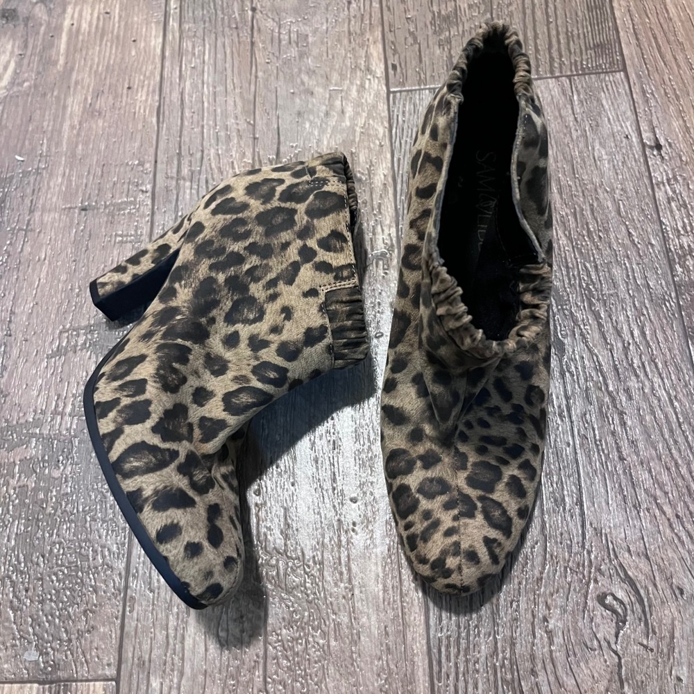 Sam & Libby Leopard Print Ankle Booties Brown Black Block Heel‎ Size 6.5